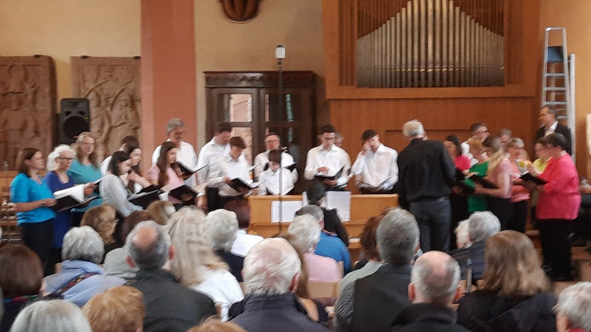 Der gemischte Chor des MGV singverein Freiheit beim Sommerkonzert 2024. Im Vordergrund Zuschauer, im Hintergrund die Orgel der evangelischen Stadtkirche.