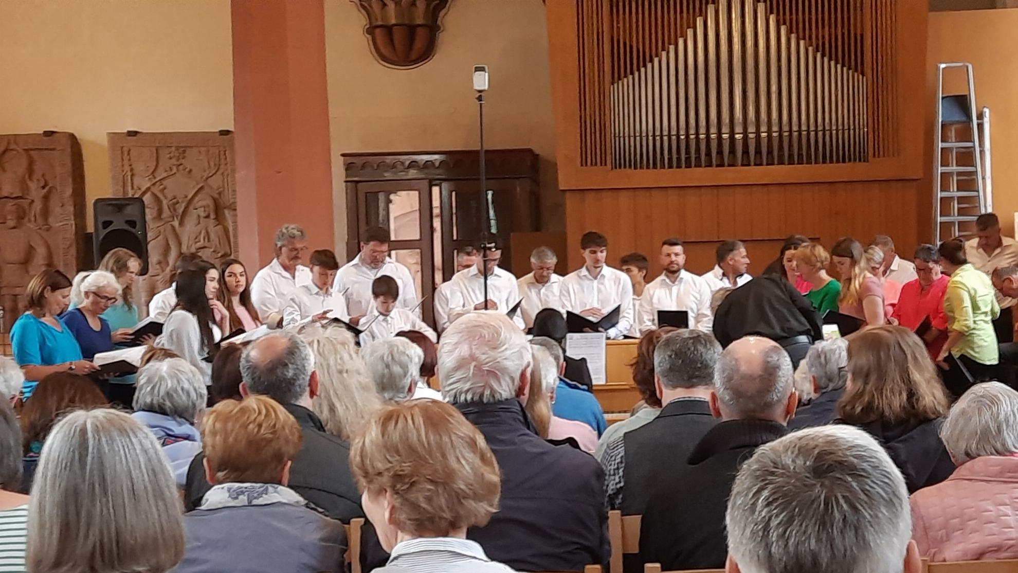 Der gemischte Chor des MGV singverein Freiheit beim Sommerkonzert 2024. Im Vordergrund Zuschauer, im Hintergrund die Orgel der evangelischen Stadtkirche.