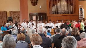 Der gemischte Chor des MGV singverein Freiheit beim Sommerkonzert 2024. Im Vordergrund Zuschauer, im Hintergrund die Orgel der evangelischen Stadtkirche.