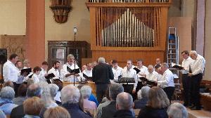 Der Männerchor des MGV singverein Freiheit beim Sommerkonzert 2024. Im Vordergrund Zuschauer, im Hintergrund die Orgel der evangelischen Stadtkirche.