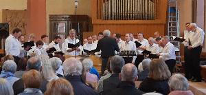 Der Männerchor des MGV singverein Freiheit beim Sommerkonzert 2024. Im Vordergrund Zuschauer, im Hintergrund die Orgel der evangelischen Stadtkirche.